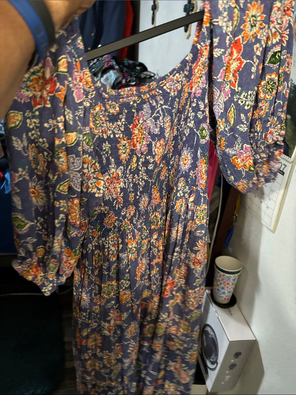 Angie Blue Floral Midi Dress with Orange & Green Accents- P2P:17, Length:42 - Picture 6 of 11